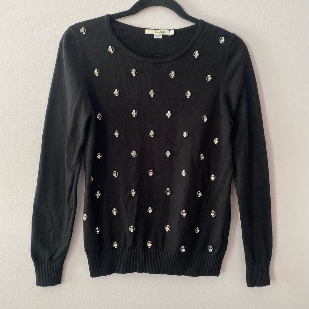 Boden Black Beaded Sparkly Soft Pullover Sweater Glam Preppy Women's size 8